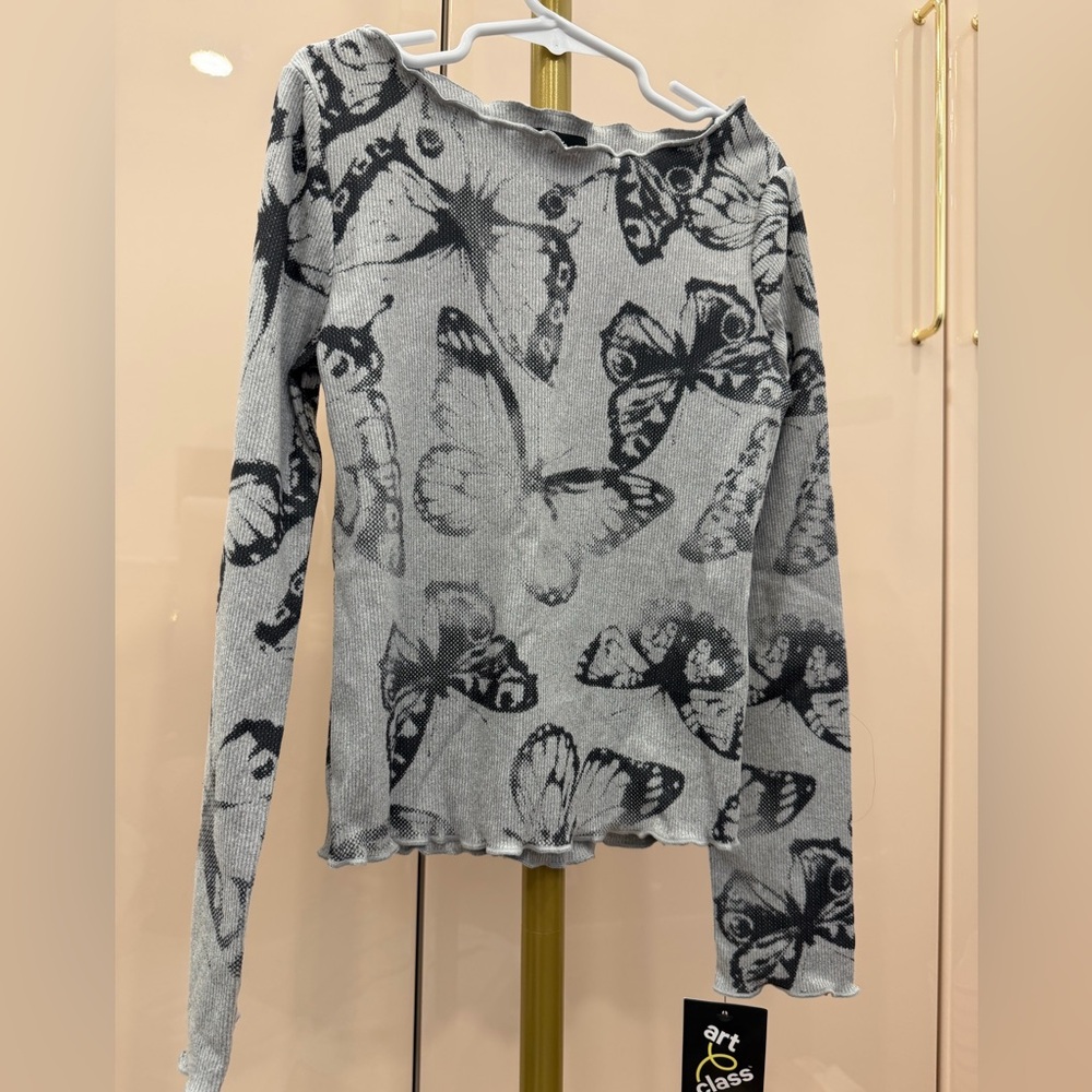 art class Gray Butterfly Print Long Sleeve Tee